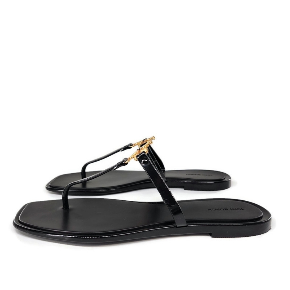 Tory Burch Roxanne Black Jelly Gold Double T Logo T-Strap Slide-On Thong Sandals - Picture 3 of 9